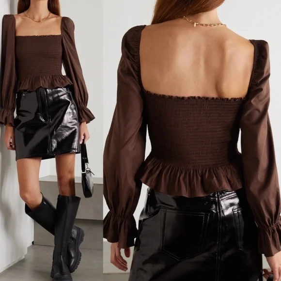 Reformation Darby Top Smocked Long Sleeve Peplum Hem Cafe Brown Size M - Picture 3 of 6